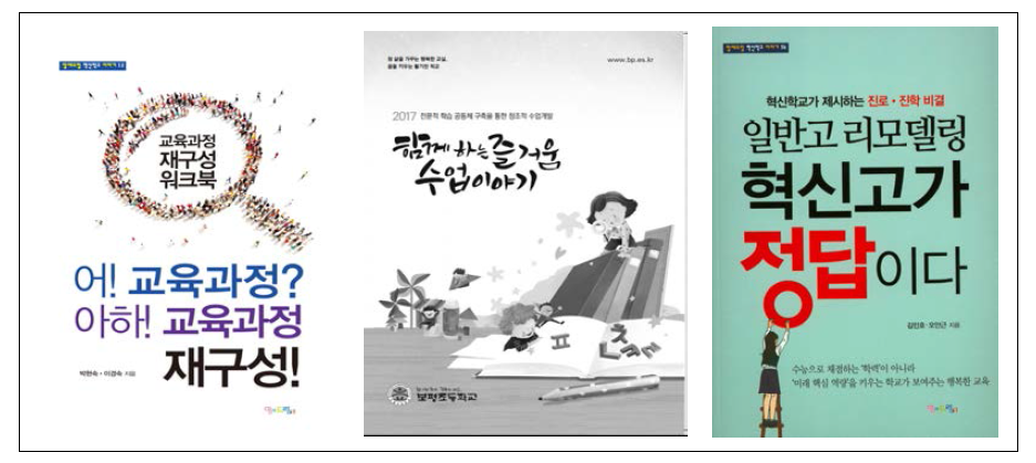 각 학교의 수업과 교육과정 기록 공유 사례 ※ 출처: 박현숙, 이경숙(2014: 표지), 보평초등학교(2017: 표지), 김인호, 오안근(2014: 표지)