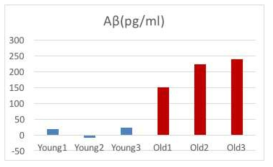 3xTg AD mice의 기관특징적 해마조직배양 (28일째 ex vivo 배양)에서 배지를 교체해준 후 48시간 후의 배지내 Abeta양 측정 (ELISA). Young (2개월령; 병리가 시작되기 전) vs. old (14개월령; 치매병리가 분명해진 후)의 비교를 통해 28일 동안 ex vivo에서 배양된 조직에서도 Abeta분비가 유의하게 일어나고 있음을 확인함