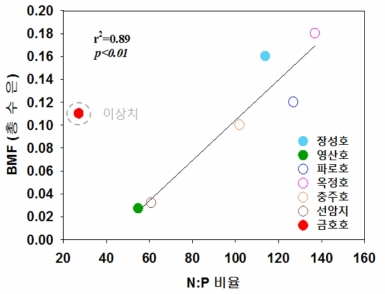 세호수의 총수은 BMF와 N:P 연관성 (자료출처: 2017년도 수은통합 보고서)