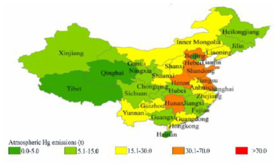 2014년 중국 인위적 배출원에서의 지역별 수은 배출량