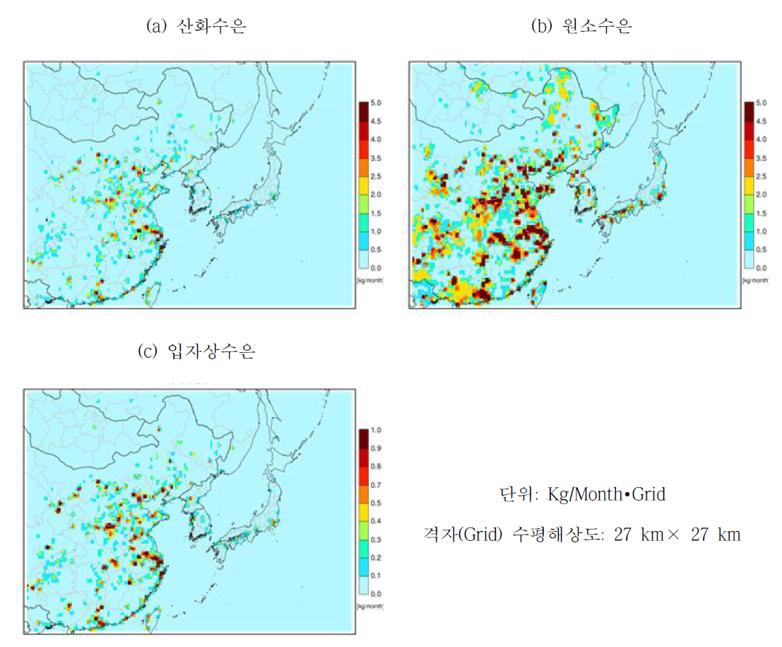 27km 수평격자해상도의 모사 영역에서의 종별 수은 배출량의 공간분포