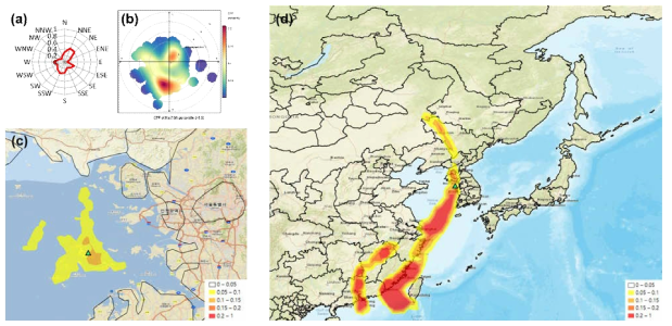 덕적도(인천) 지역의 국지 영향 사례 CPF 결과(a), 국지 영향 사례 CBPF 결과(b), 국지 영향 사례 PSCF 결과(c), 장거리 이동 사례 PSCF 결과(d)