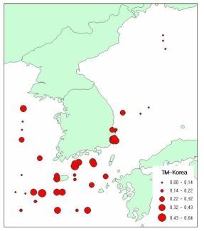 실측한 해양 총 수은 농도 지도