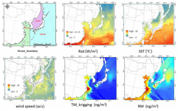 해양 권역 경계도와 2015년 1월 1일에 대한 단파복사량(Rsd), SST, 풍속, TM과 RM 분포도