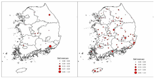 실측 토양수은 농도지도(왼쪽)와 2013년 전국일반토양 수은농도 지도(오른쪽)