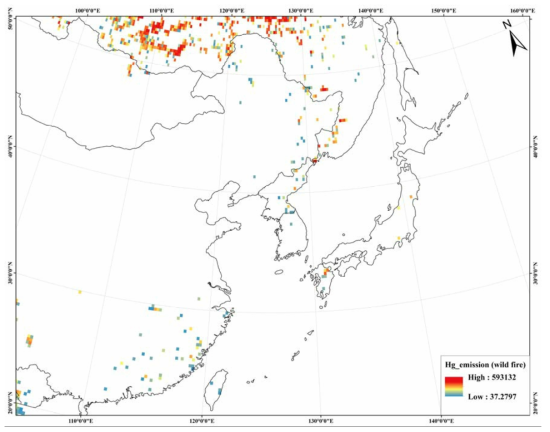 동북아시아의 산불발생에 따른 수은배출량 지도