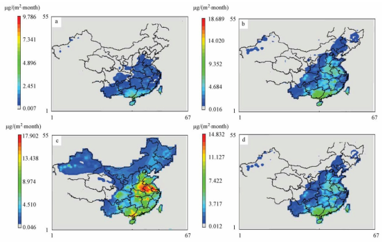 중국에서 추정된 식생 수은 배출량[a: 1월, b: 4월, c: 7월, d: 10월](Jiannong et al., 2008)