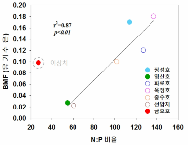 세호수의 유기수은 BMF와 N:P 연관성 (자료출처: 2017년도 수은통합 보고서)
