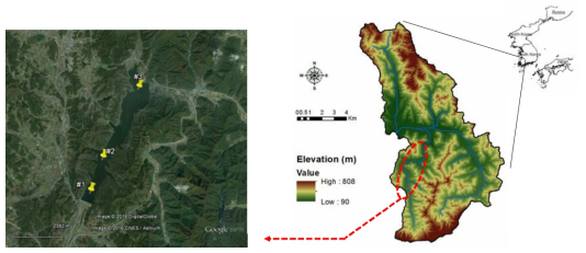연구대상지역인 장성호 (좌) 및 장성호 유역 (우)