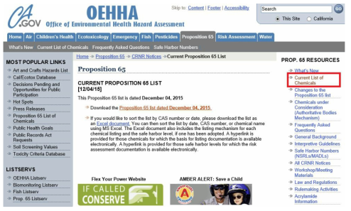 California EPA의 Proposition 65 리스트 검색 방법