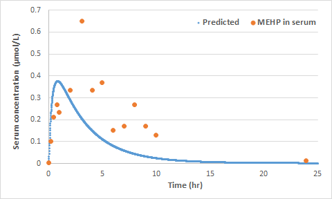 PBPK 모델의 예측치와 인체 실측치와의 비교를 통한 최적화 [n=1, 혈중 MEHP, Kessler et al., 2012]