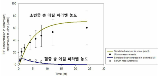 인체에 2.5 mg/kg으로 경구 투여 한 에틸 파라벤의 인체노출실험 실측 data(n=4)(average±s.d.)와 모델 validation 결과(실선)