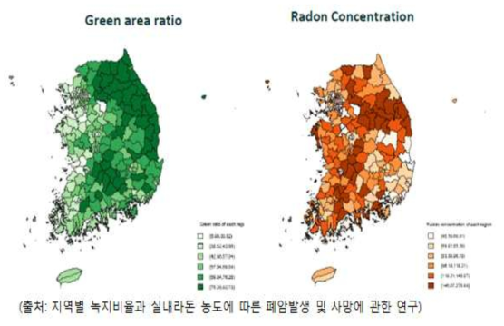 지역별 녹지비율과 실내라돈 농도에 따른 폐암발생