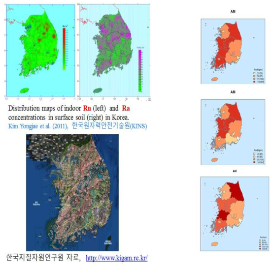 실내라돈 농도 및 토양 내 라듐 농도 분포, 주요 행정구역별 실내라돈 농도 분포, 우리나라 지질도 (시계방향순)