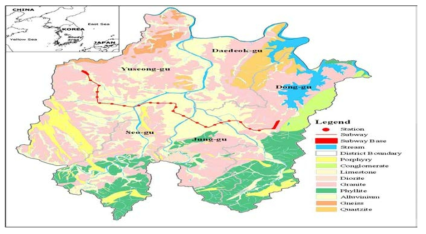 The Geology of Daejeon Metropolitan City (KIGAM, 2005) 자료: Yoon et al., Indoor radon distribution of subway stations in a Korean major city. Journal of environmental radioactivity,2010;101(4): 304-308