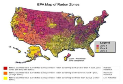 미국의 라돈 저감화가 된 가옥수(연도별 추정) 자료: http://www.epa.gov/radon/zonemap.html)