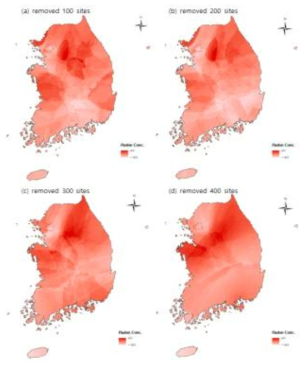 조사지점을 제거하였을 때 Kriging(Ordinary)법에 따른 공간분석 결과