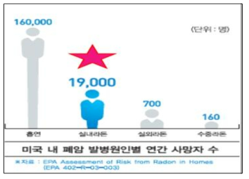 미국 내 폐암 발병원인별 연간 사망자 수 (Source : EPA, Assessment of Risk from Radon in Homes)