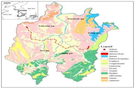 The geology of Daejeon metropolitan city (KIGAM, 2005) (the no. of stations starts from left to right on the line.) (Source : Yoon et al., Indoor radon distribution of subway stations in a Korean major city. J ournal of environmental radioactivity, 2010;101(4): 304-308)