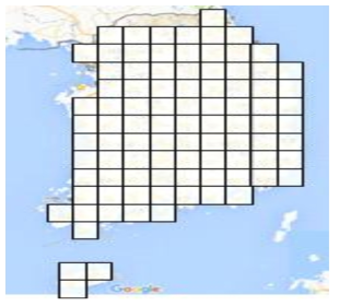 대한민국 전도를 일정 격자로 구분하여 선정된 지점