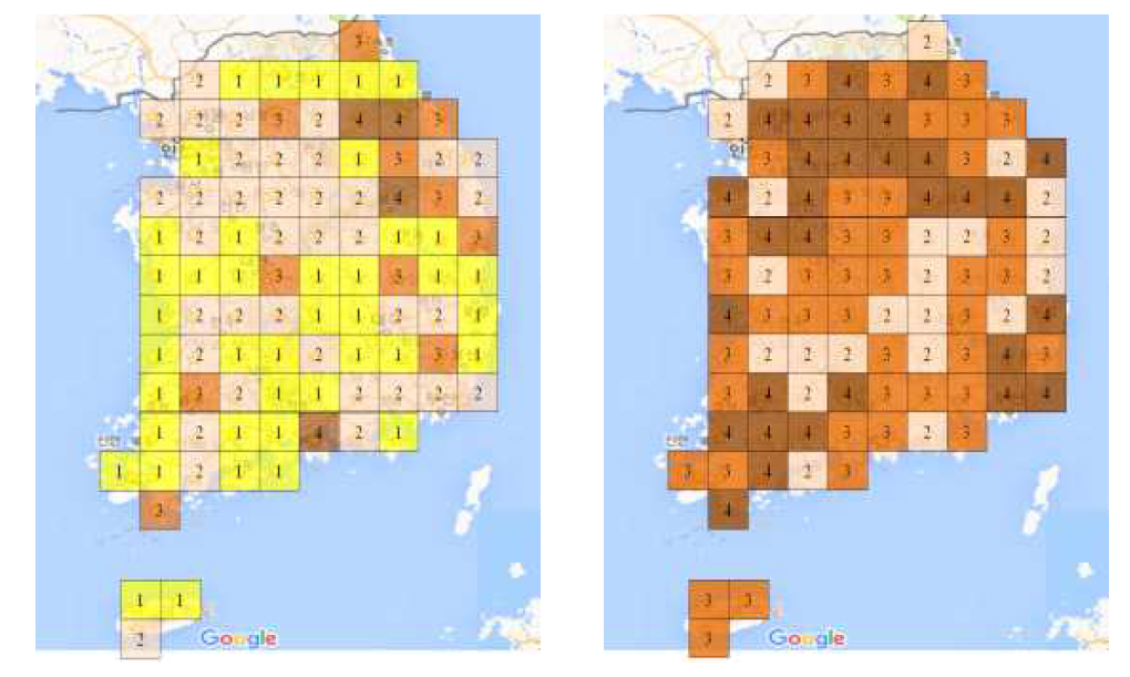 토양 중 라돈 농도(좌)와 226Ra 함량(우) mapping 결과