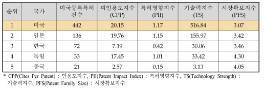 에너지저장 및 충전 기술 국가별 특허경쟁력 지수 결과(1997∼2016년)