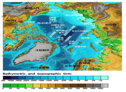 북극권 주요국가 및 수심도 출처: 김예동, “북극권 석유자원 현황 및 개발 전망”, 극지연구소, 정책논문, 2013.12