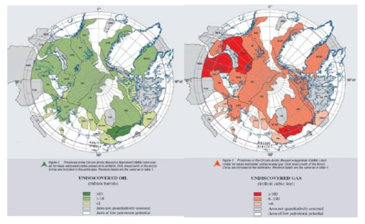 북극지역 석유(좌) 및 가스(우) 탐사자원 분포도 출처: 김예동, “북극권 석유자원 현황 및 개발 전망”, 극지연구소, 2013.12(USGS Fact Sheet 2008-3049 (2008) 재인용)