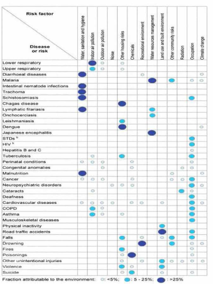WHO의 환경성 질환/요인별 환경기여도 출처 : 환경부，「환경성질환 정의마련과 목록 작성을 위한 연구」，2008