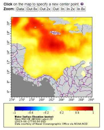 Regional NCOM모델의 해수면 높이 예측결과 예시 출처: NOAA’s ERDDAP, https://ecowatch.ncddc.noaa.gov/