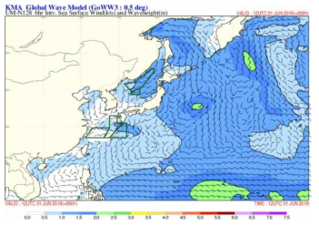 KMA의 아시아 지역 예측 파랑모델 계산결과예시 출처: 기상청, http://www.weather.go.kr/mini/marine/wavemodel_g6.jsp