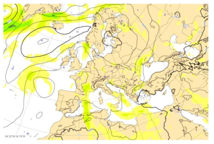 ECMWF의 기압장 예측 자료의 Chart형 제공 예시 출처: ECMWF, https://www.ecmwf.int/en/forecasts/charts/catalogue/medium-mslp-wind850