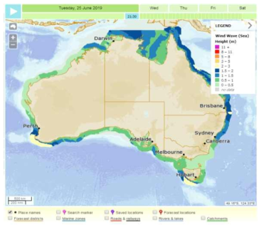 MetEye의 풍파 예측결과 제공 예시 출처: BOM, http://www.bom.gov.au/australia/meteye/