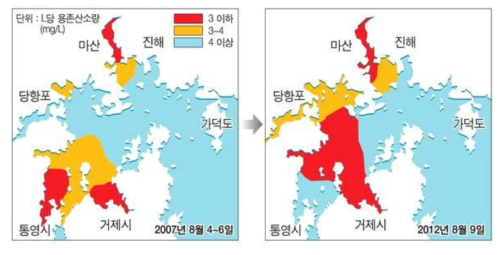 진해만 저층 빈산소 수괴 분포 출처: 추가제출자료