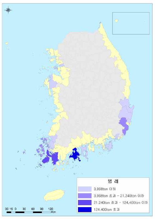 해조류 분포도(생산량 – 갈조류)