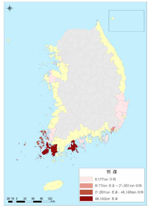 해조류 분포도(생산량 – 홍조류)