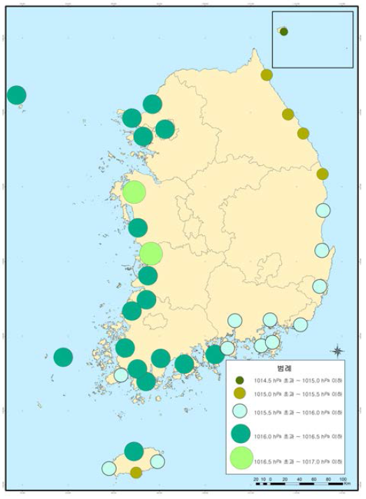 연안지역 기압 분포도