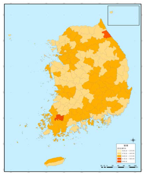 2016 지역별 열지수 분포도