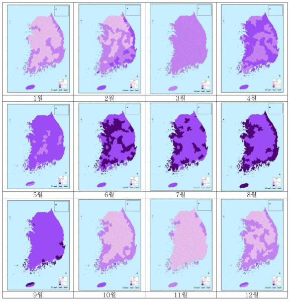 지역별 월별 식중독지수 분포도