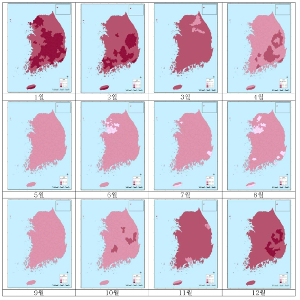 지역별 월별 뇌졸중가능지수 분포도