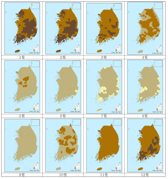 지역별 월별 천식폐질환가능지수 분포도