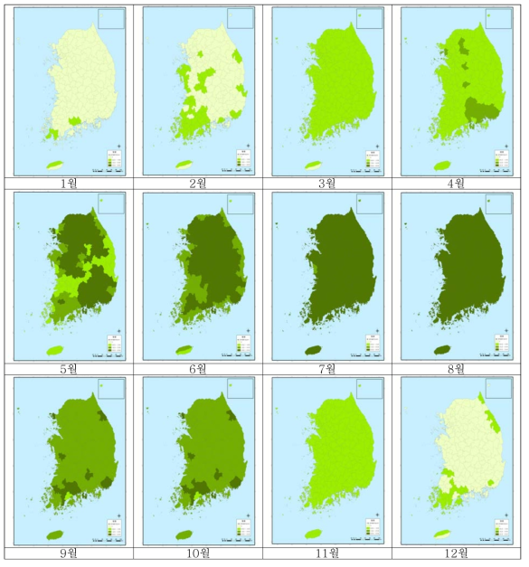 지역별 월별 피부질환가능지수 분포도