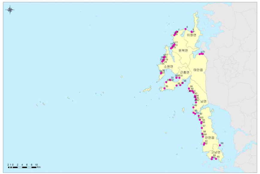 태안군 퇴적물 시료채취 지점 분포도