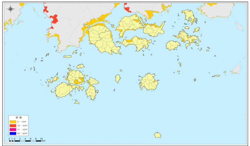 완도군 해양치유 가능자원 분포도(갯벌-면적별)