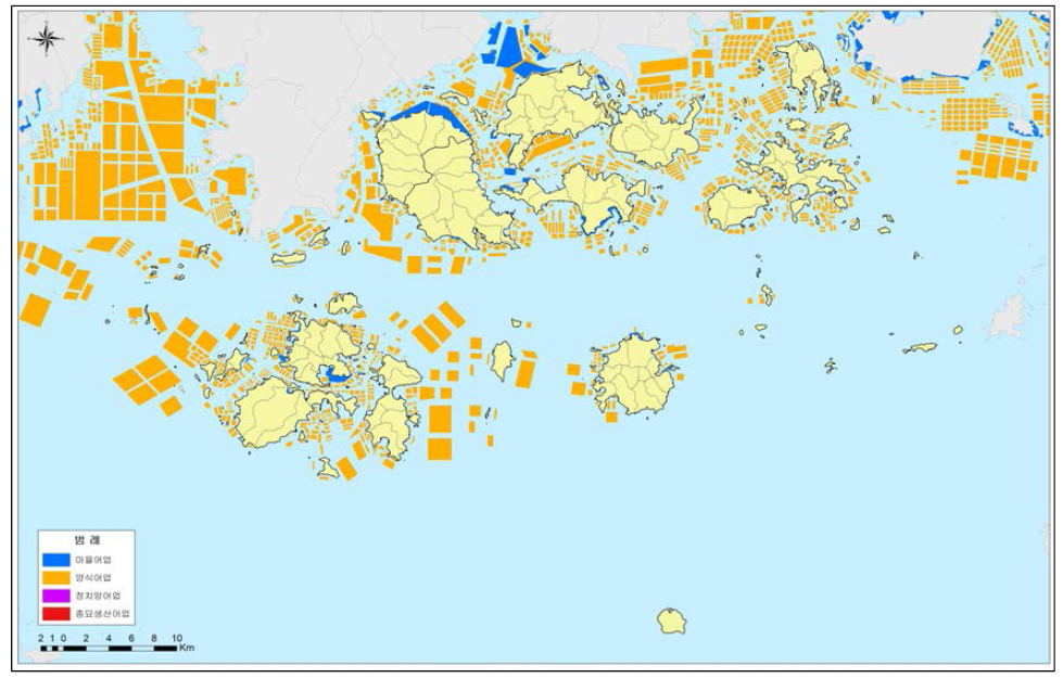 완도군 해양치유 가능자원 분포도(어장정보도-어업별)