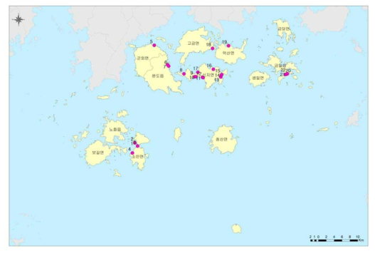 완도군 해안퇴적물 시료채취 지점 분포도