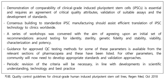 미국 WiCell 임상등급용 인간 iPSC 라인의 품질 관리 가이드라인 요약