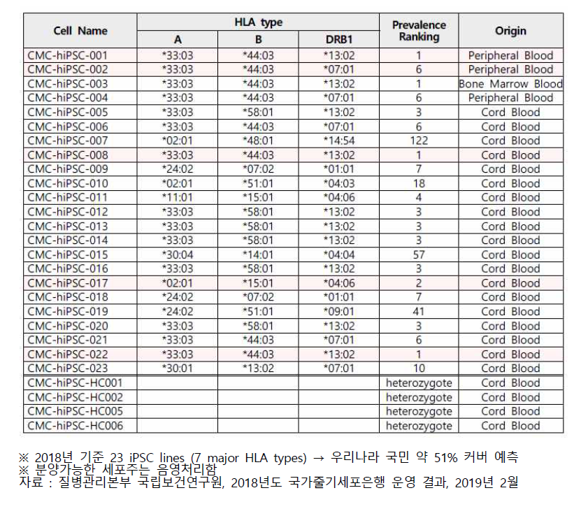 임상등급 역분화줄기세포주 목록(HLA 동형접합 줄기세포주)