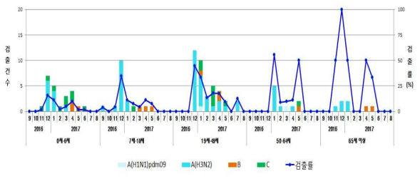 국내 인플루엔자 A(H1N1)pdm09, A(H3N2), B 및 C 바이러스 연령별 검출률