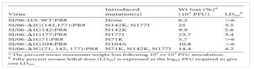 계절 인플루엔자바이러스 H1N1(SI/06) 야생형 및 탈당쇄화 변이주의 병원성 비교(Sun 등, 2013)